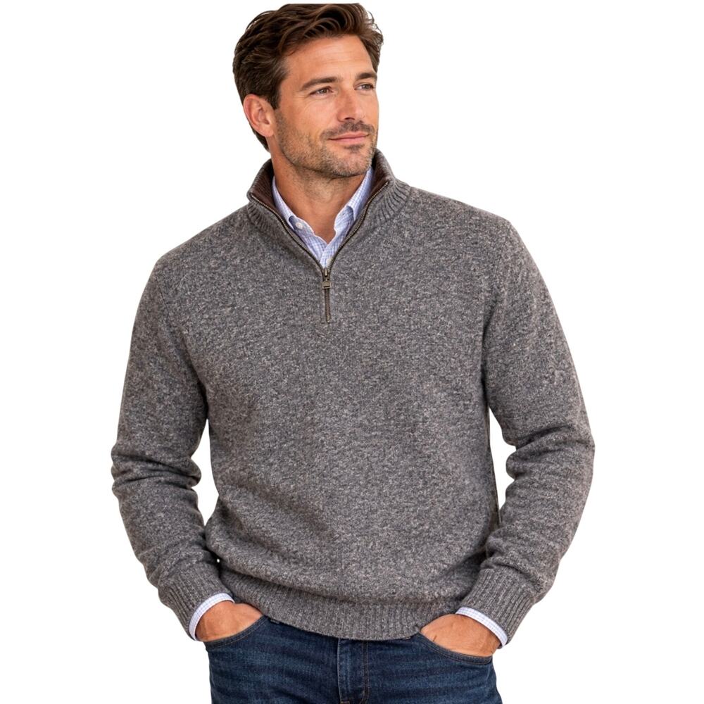 Scott Barber Men's XL 80% Merino Wool Quarter Zip Pullover Sweater Gray Brown